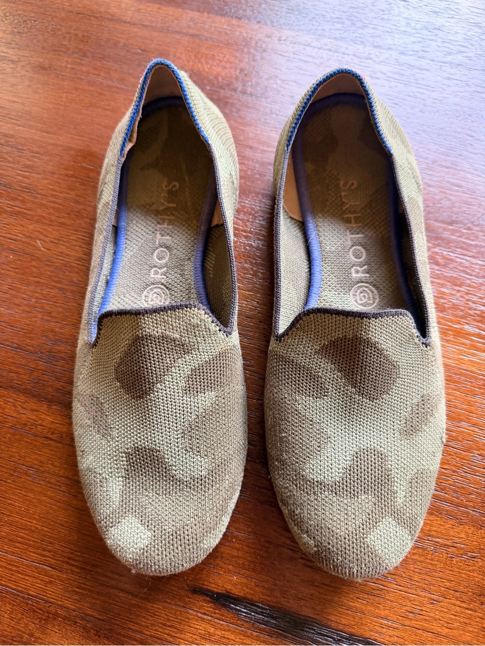 Rothy's Olive Camo Knit Slip-On Flats with Blue Trim